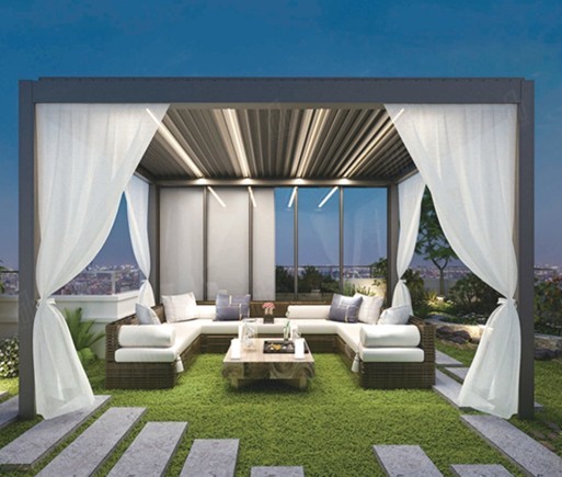 Modern pergola installation with comfortable seating area